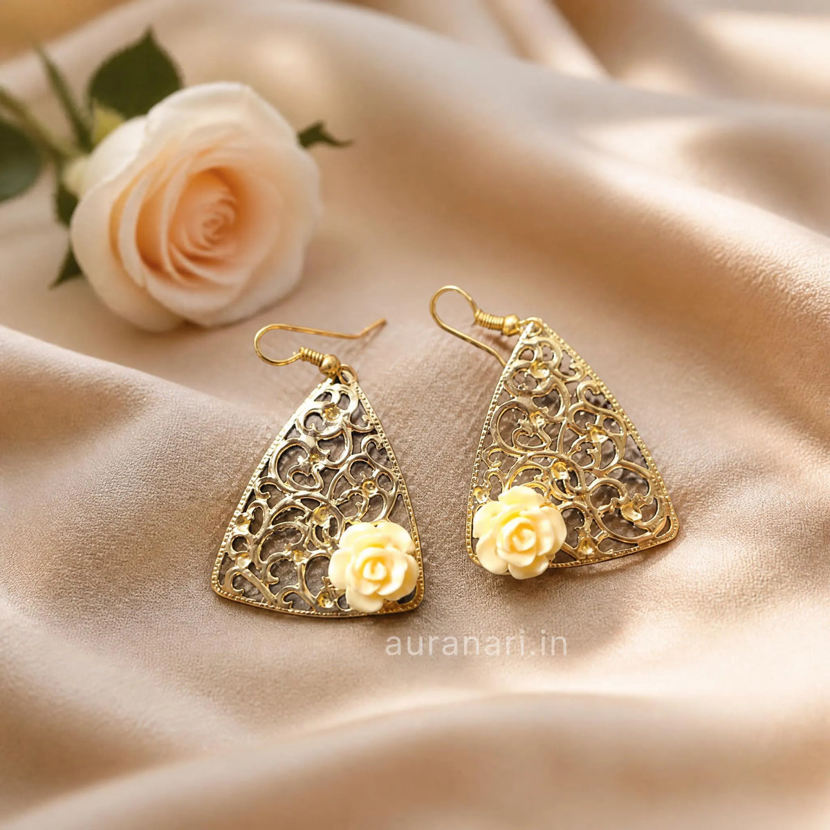 Cream Rose Triangle Dangler Earrings