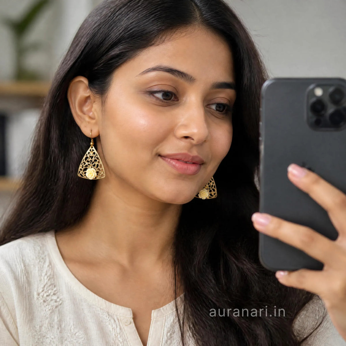 Cream Rose Triangle Dangler Earrings
