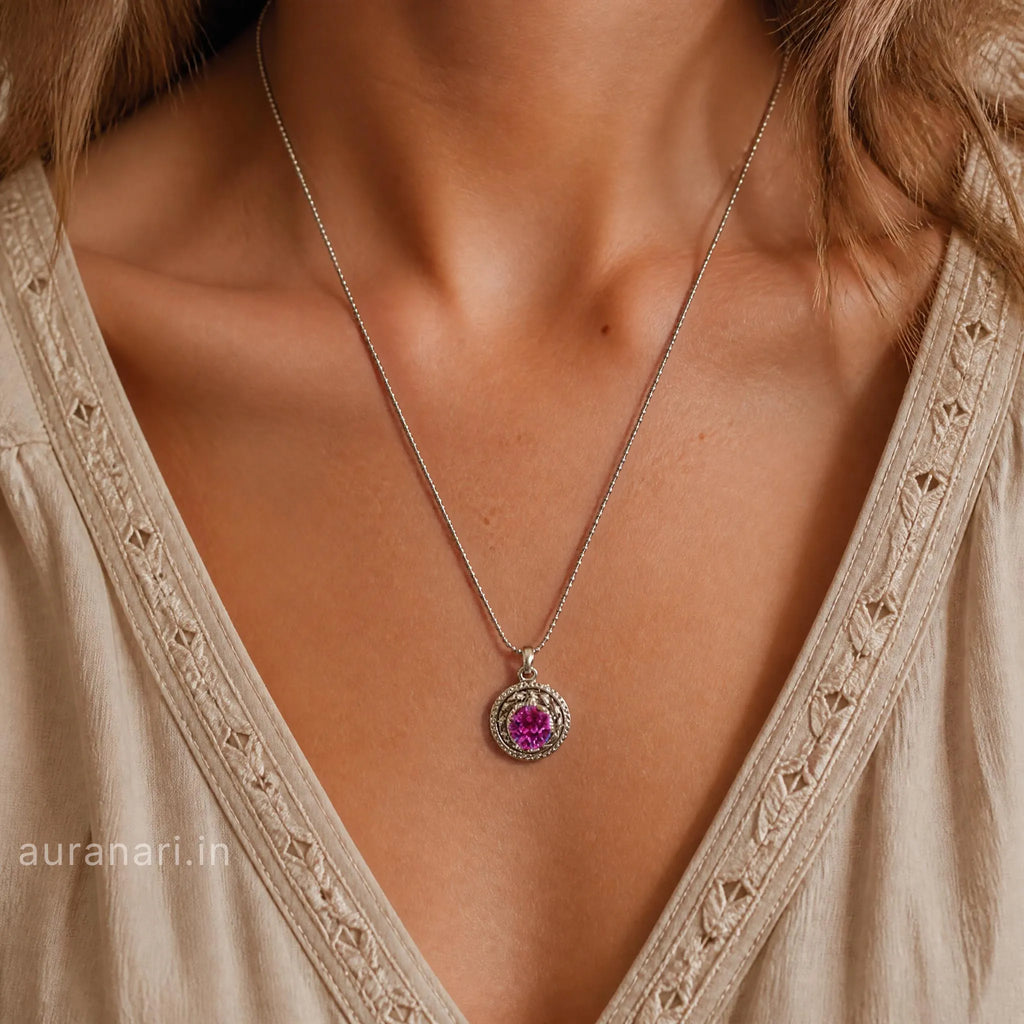 Vintage Circular Magenta Textured Pendant Necklace
