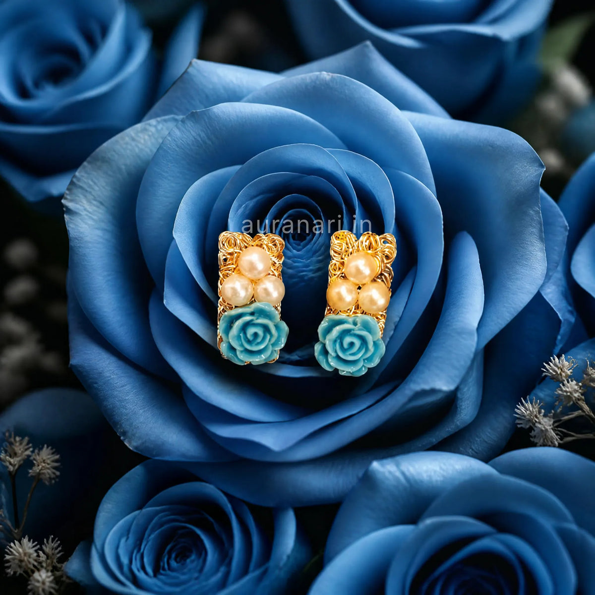 Vintage Turquoise Blue Rose Pearl Stud Earrings