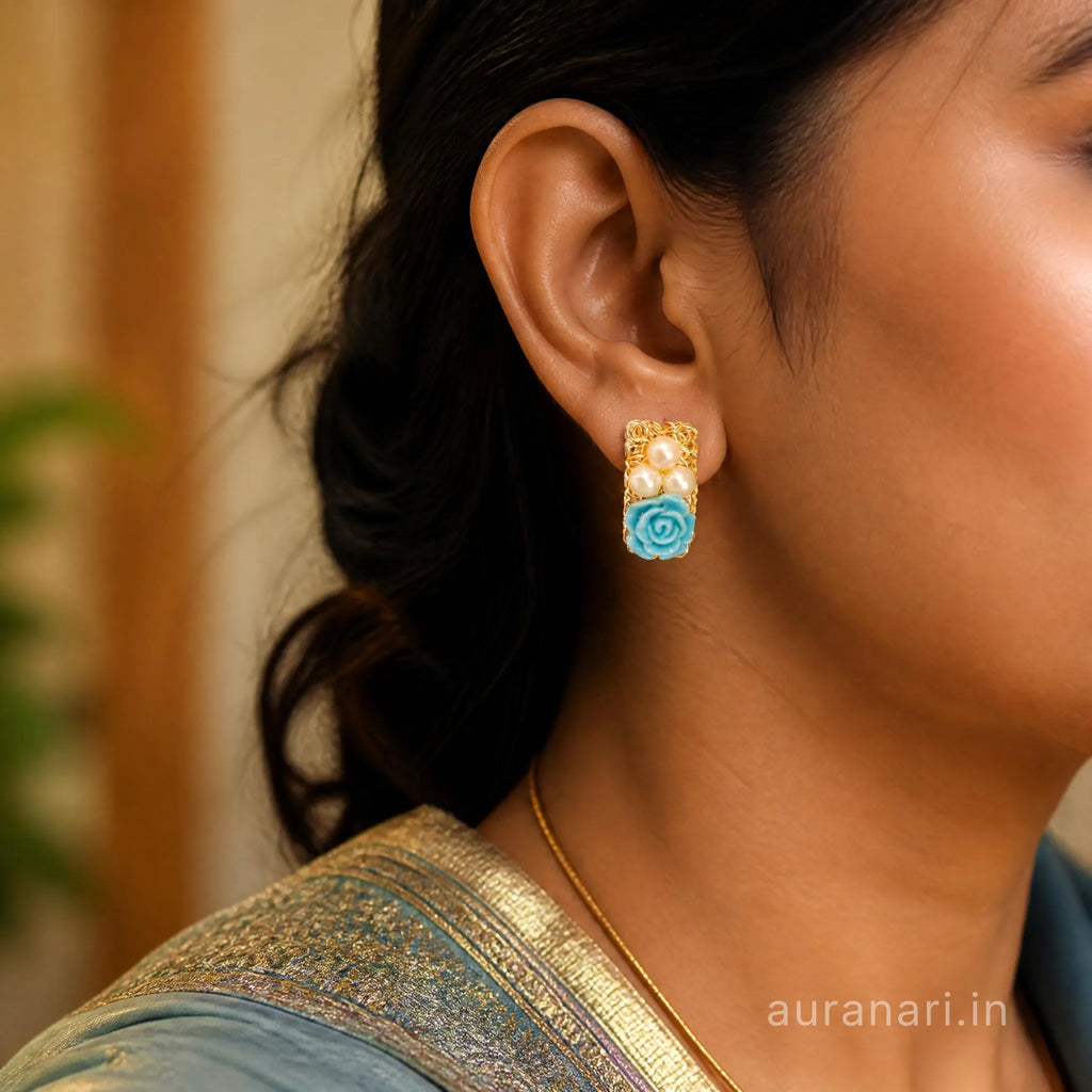 Vintage Turquoise Blue Rose Pearl Stud Earrings