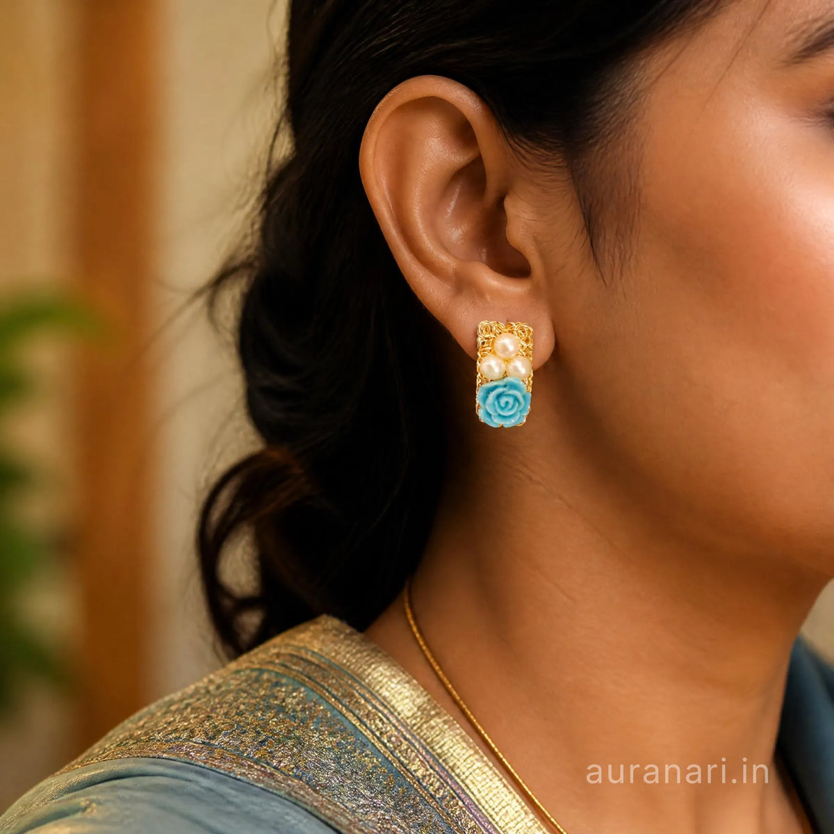 Vintage Turquoise Blue Rose Pearl Stud Earrings