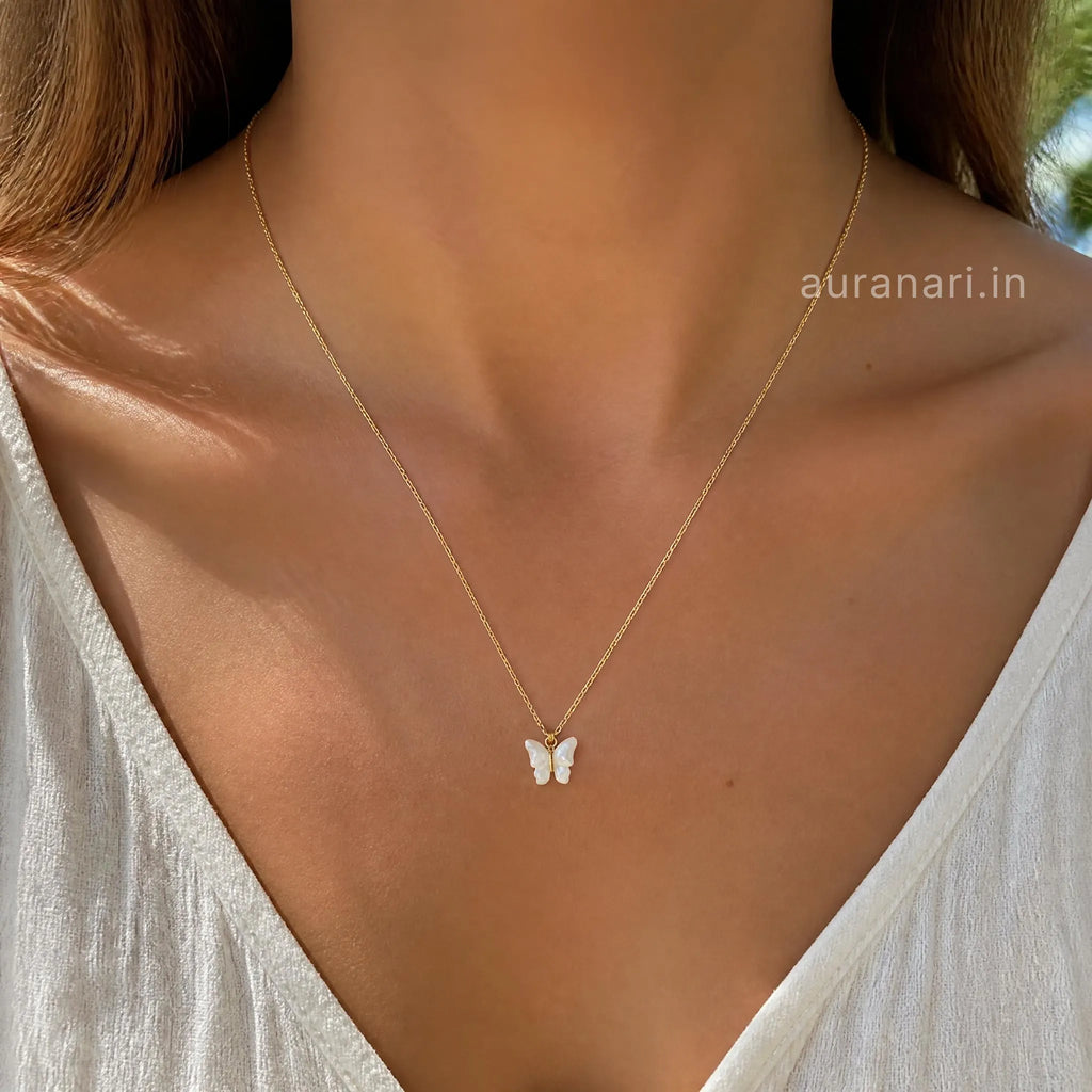 Minimalist White Butterfly Charm Gold Chain Necklace