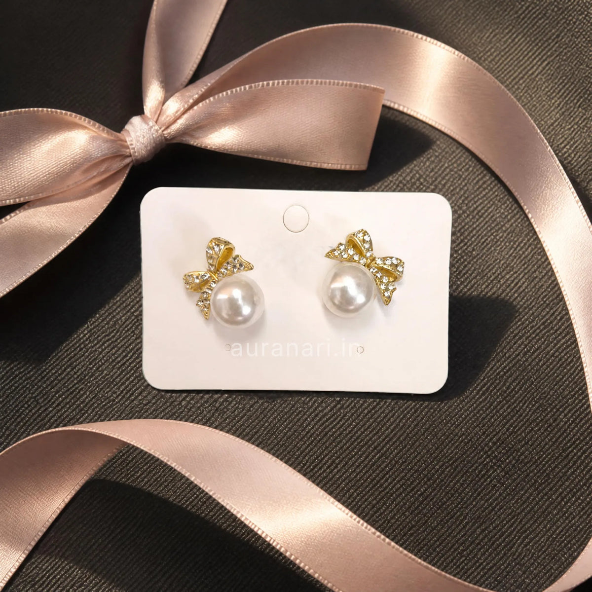 Elegant Ribbon Bow Pearl Imitation Stones Stud Earrings