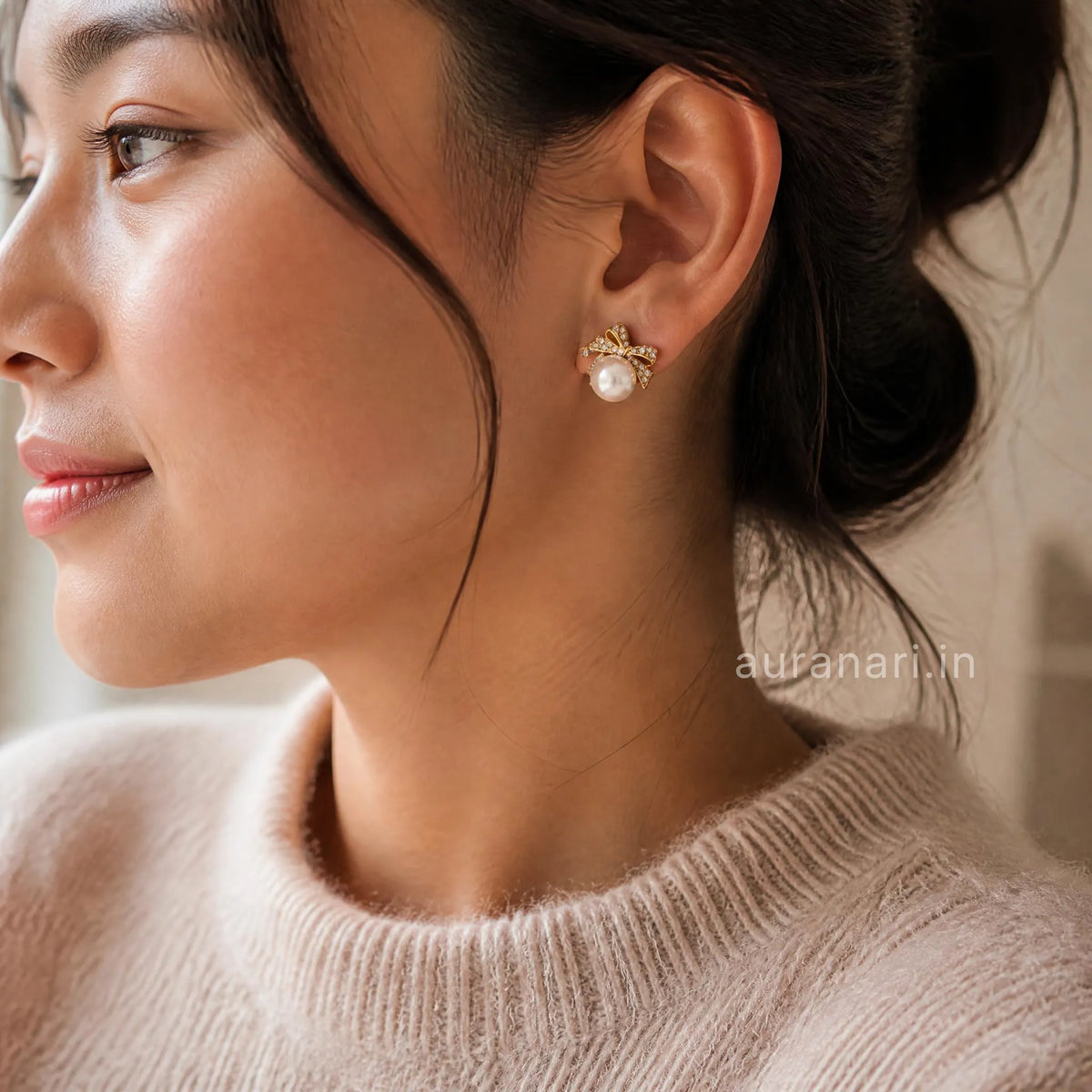 Elegant Ribbon Bow Pearl Imitation Stones Stud Earrings