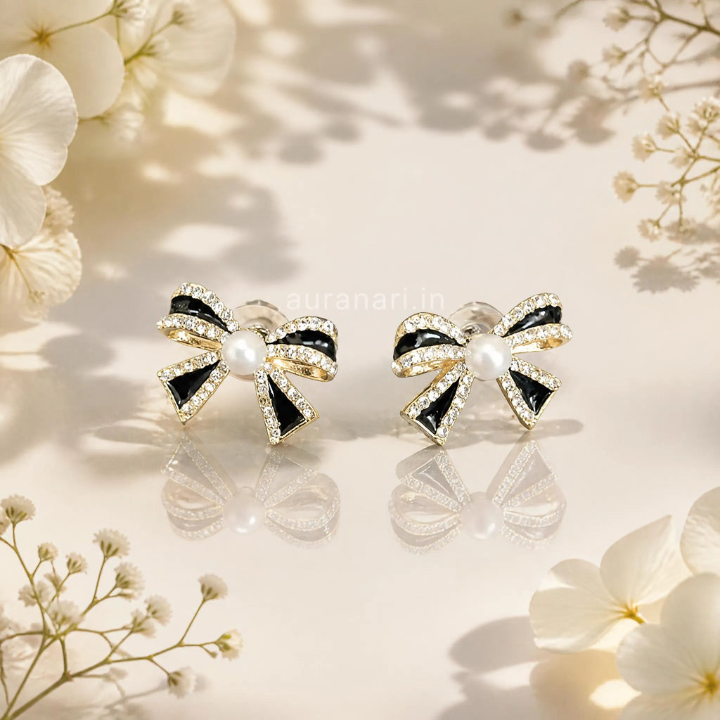 Classic Black Enamel Bow Imitation Stones Stud Earrings