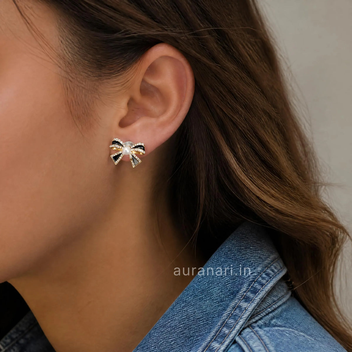 Classic Black Enamel Bow Imitation Stones Stud Earrings