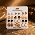 Chic Black, White and Gold Floral Theme Stud Earrings Combo