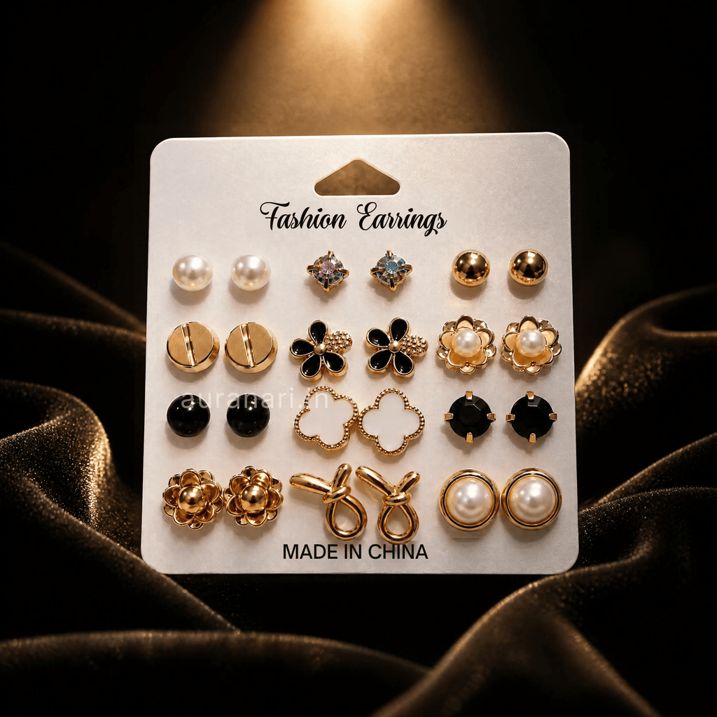 Chic Black, White and Gold Floral Theme Stud Earrings Combo