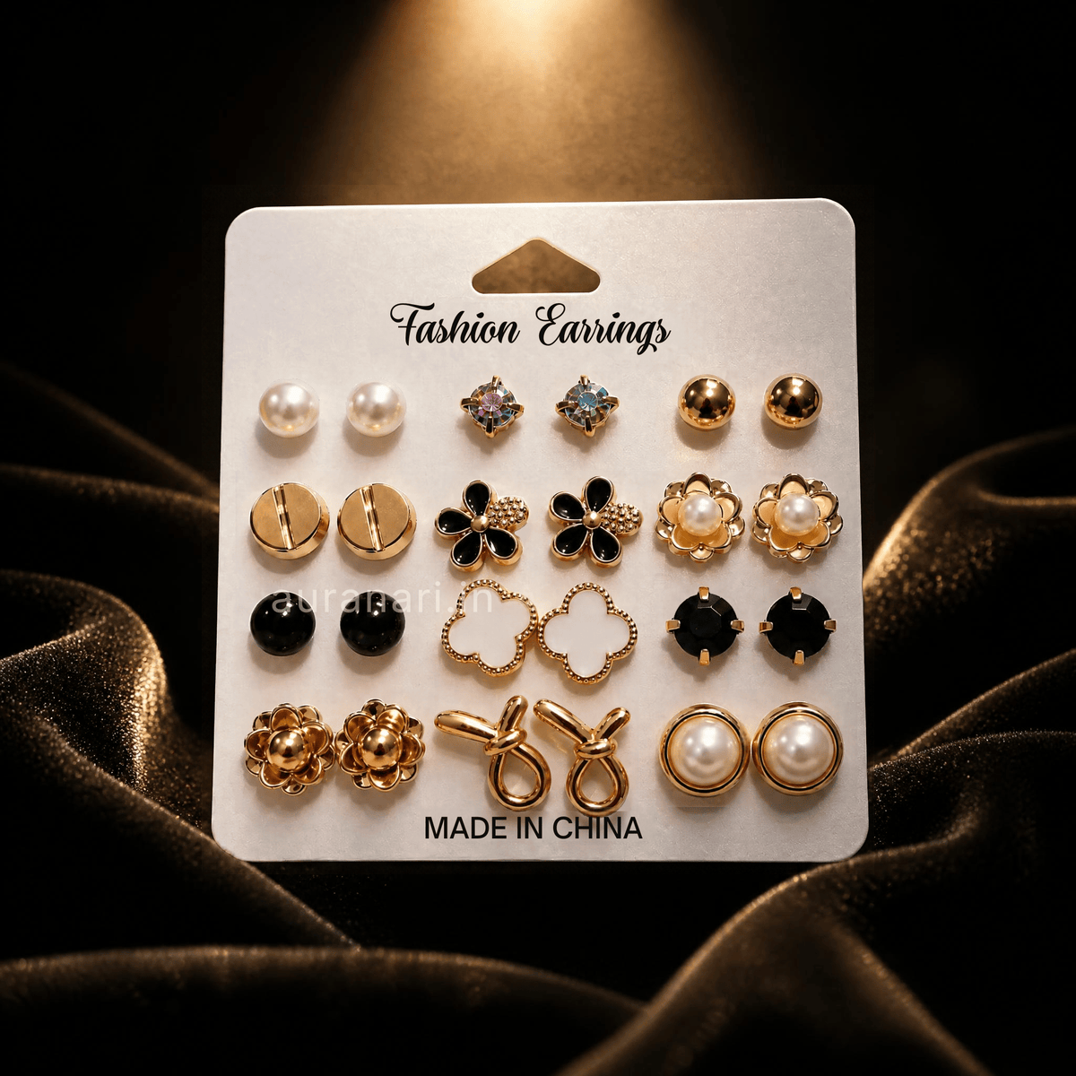 Chic Black, White and Gold Floral Theme Stud Earrings Combo