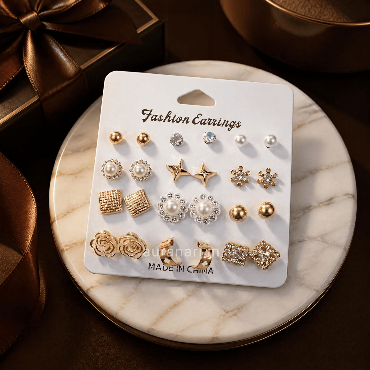 Elegant Faux Pearl and Metallic Geometric Stud Earrings Combo