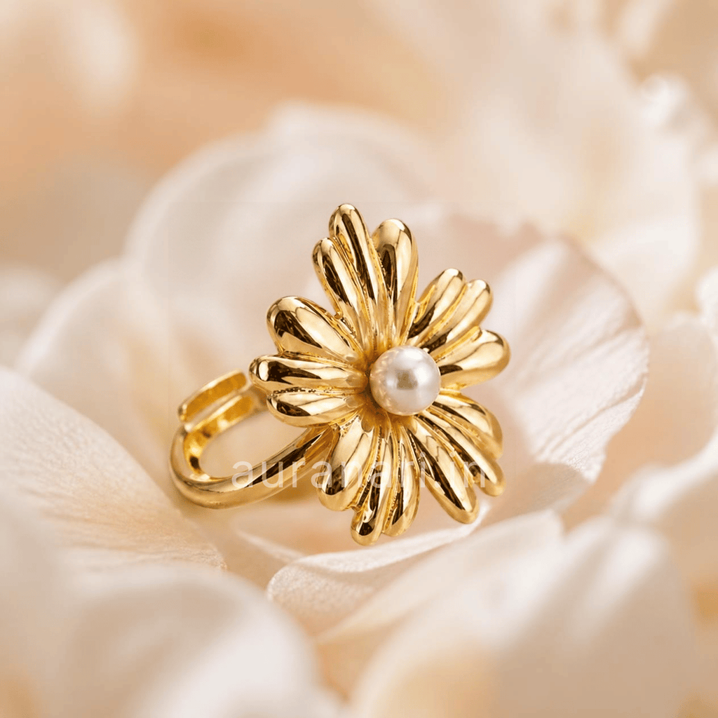 Golden Daisy Bloom Adjustable Ring with Pearl Accent