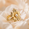 Golden Daisy Bloom Adjustable Ring with Pearl Accent