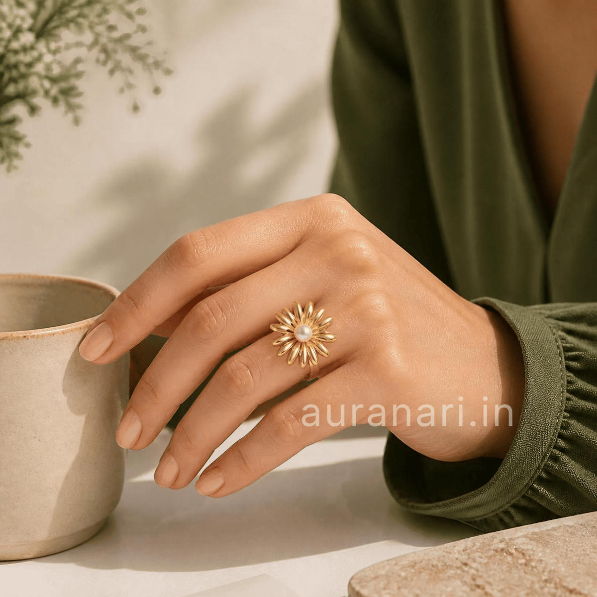 Golden Daisy Bloom Adjustable Ring with Pearl Accent