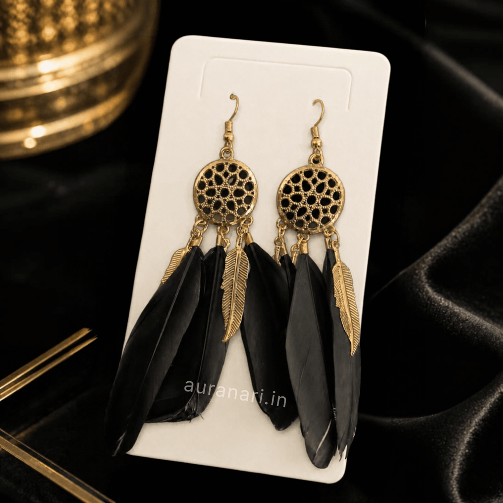 Black Dreamcatcher Feather Dangler Hook Earrings