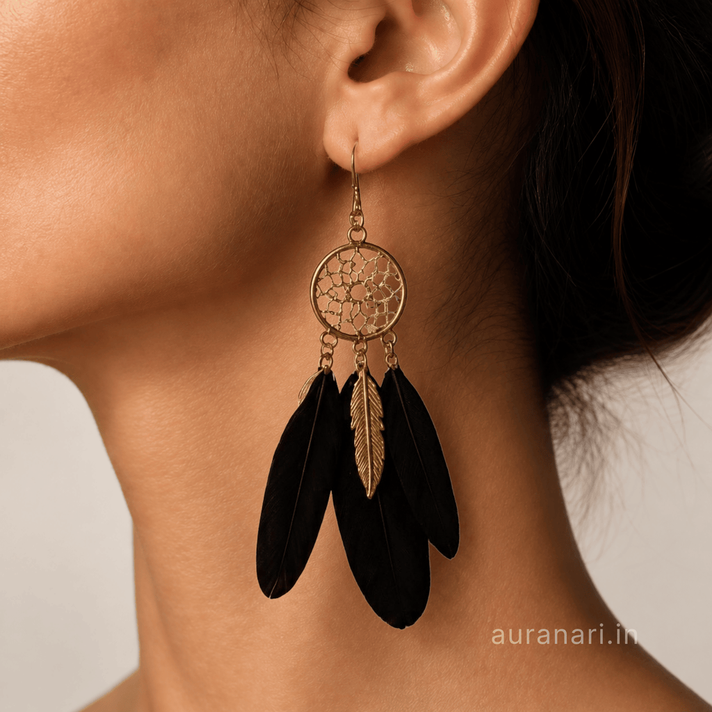 Black Dreamcatcher Feather Dangler Hook Earrings
