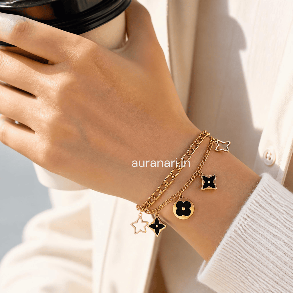 Multi Layer Black Clover Charm Anti Tarnish Adjustable Bracelet